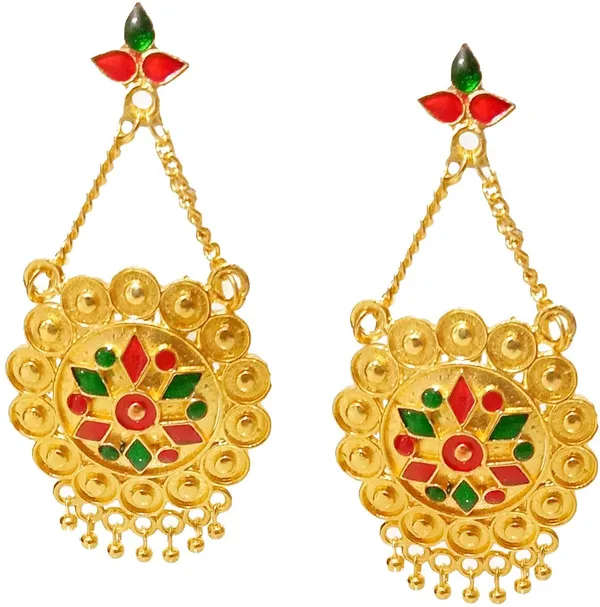 Assamese_Traditional_Copper_Gold_Plated_Red_Green_Colour_Jhumki_Earring_For_Girls_&_Women